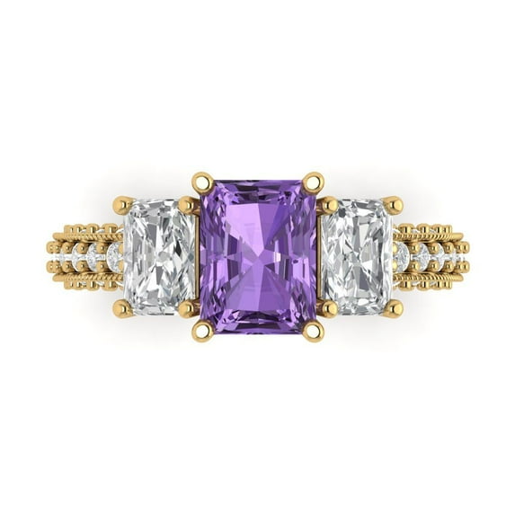 Clara Pucci 14K Yellow Gold Solid Gold Alexandrite Three-Stone Anniversary Ring for Women - 3.61 cttw Emerald Cut