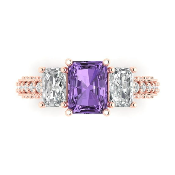 3.61 ct Emerald Cut Simulated Alexandrite Three-Stone Engagement Ring for Women in 18K Rose Gold