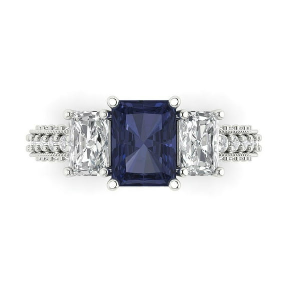 3.61 ct Emerald Cut Simulated Blue Sapphire 3 Stone 14K White Gold Womens Engagement Ring