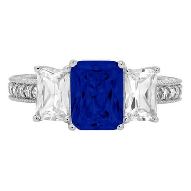 3.61 ct Emerald Cut Simulated Blue Sapphire 3 Stone 14K White Gold Womens Engagement Ring