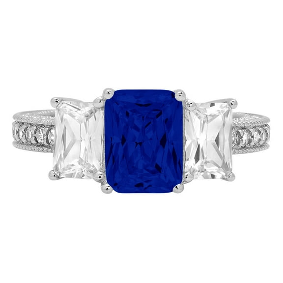 3.61 ct Emerald Cut Simulated Blue Sapphire 3 Stone 14K White Gold Womens Engagement Ring