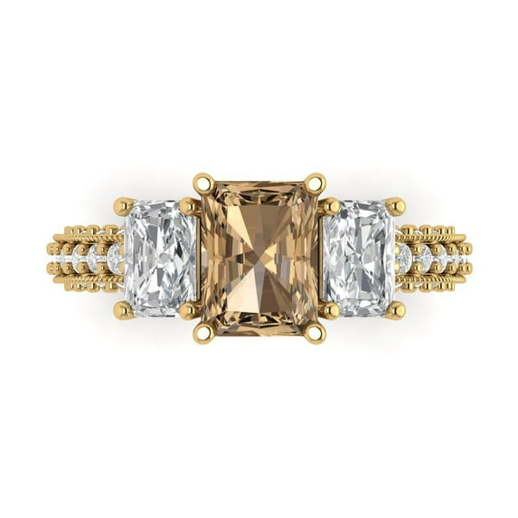 Clara Pucci 14K Yellow Gold Solid Gold Champagne Three-Stone Anniversary Ring for Women - 3.61 cttw Emerald Cut