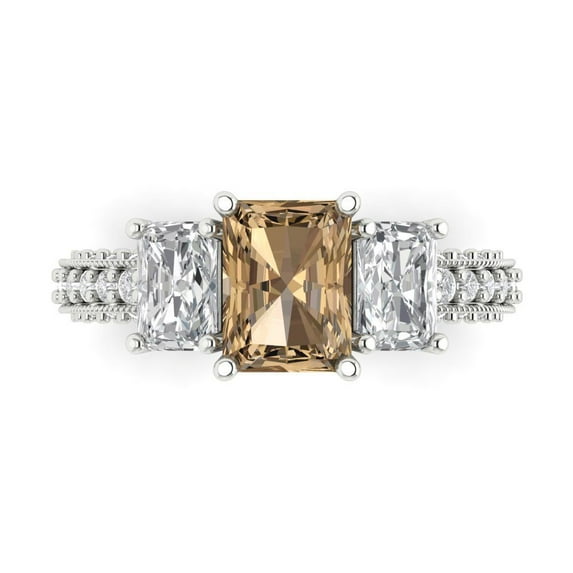 3.61 ct Emerald Cut Simulated Champagne Diamond Three-Stone Engagement Ring for Women in 18K White Gold