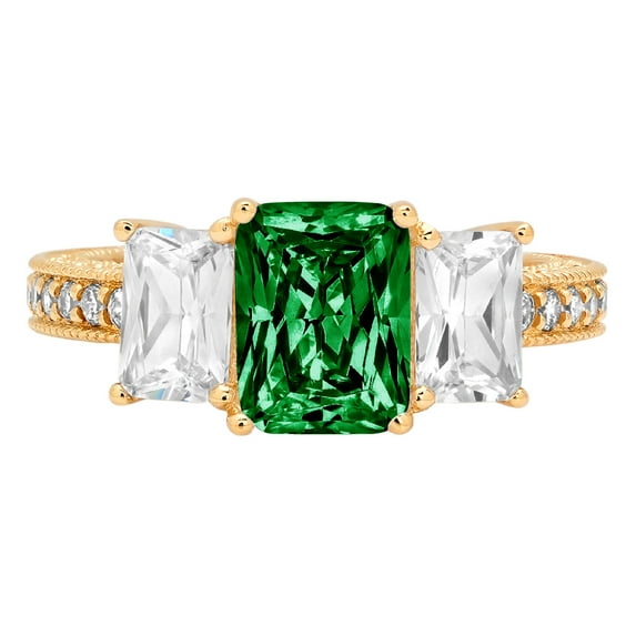 3.61 ct Emerald Cut Simulated Emerald 3 Stone 18K Yellow Gold Womens Engagement Ring
