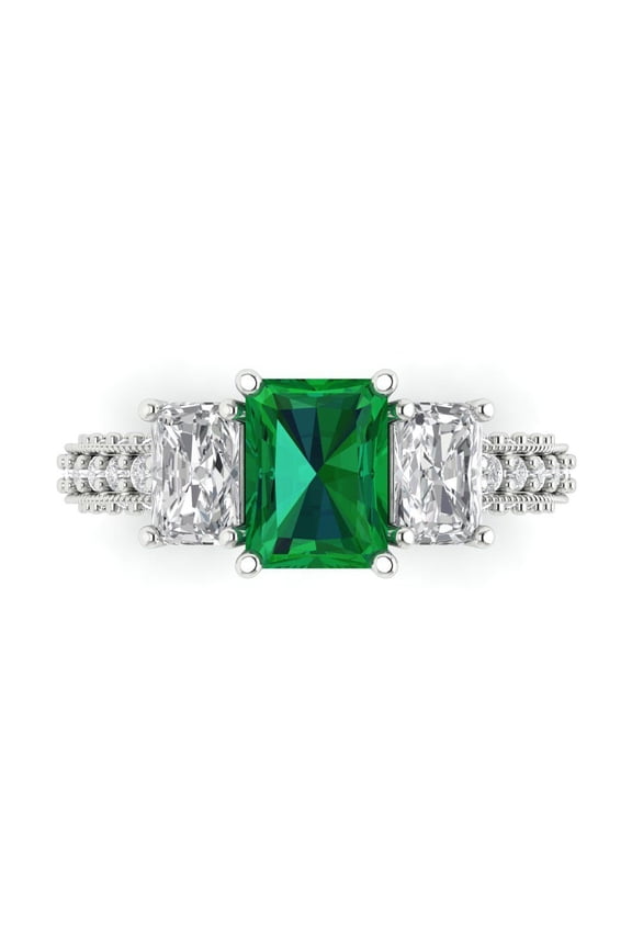 3.61 ct Emerald Cut Simulated Emerald Three-Stone Engagement Ring for Women in 14K White Gold