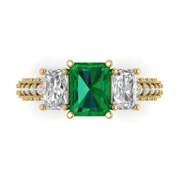 3.61 ct Emerald Cut Simulated Emerald Three-Stone Engagement Ring for Women in 18K Yellow Gold