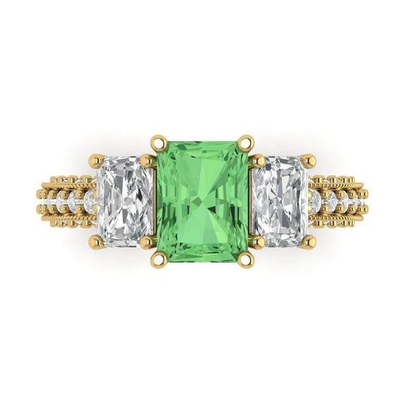 Clara Pucci 14K Yellow Gold Solid Gold Green Three-Stone Anniversary Ring for Women - 3.61 cttw Emerald Cut