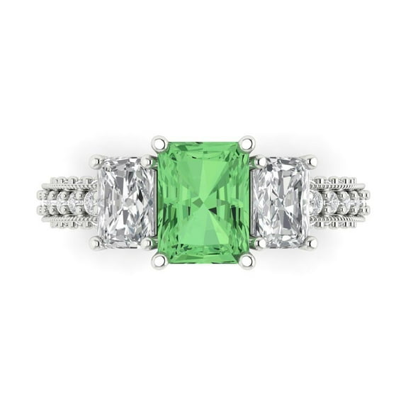 3.61 ct Emerald Cut Simulated Green Diamond 3 Stone 18K White Gold Womens Engagement Ring