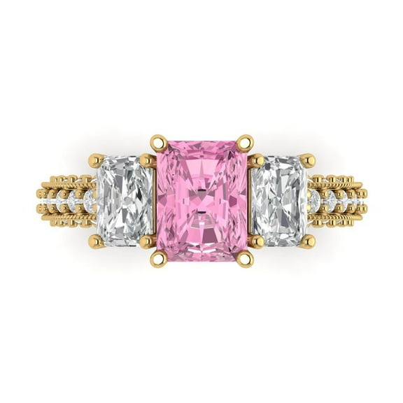 3.61 ctw 3 Stone Anniversary Ring for Women | Emerald Cut Simulated Pink Diamond | Hyperallergenic Solid 14K Yellow Gold