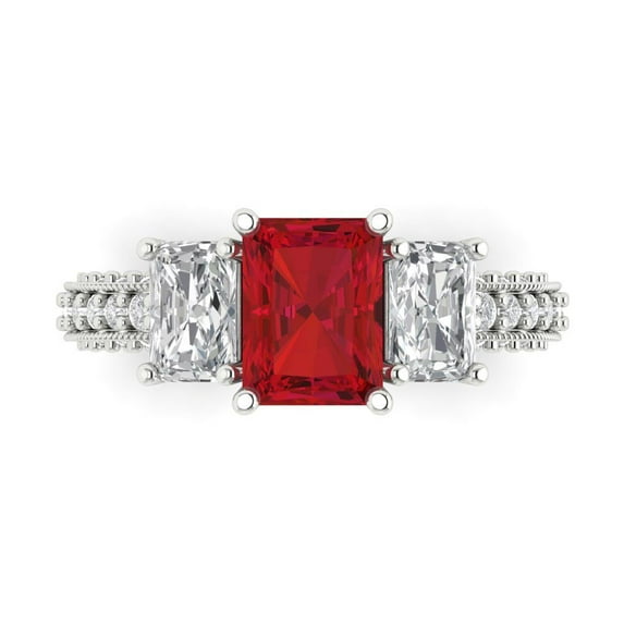 3.61 ct Emerald Cut Simulated Pink Tourmaline 3 Stone 18K White Gold Womens Engagement Ring