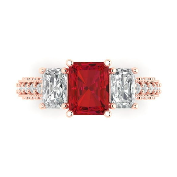 3.61 ct Emerald Cut Simulated Pink Tourmaline Three-Stone Engagement Ring for Women in 14K Rose Gold