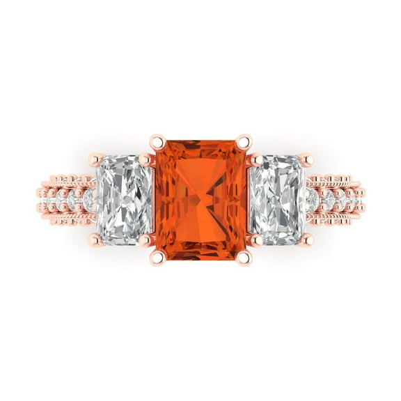 3.61 ct Emerald Cut Simulated Red Diamond Three-Stone Engagement Ring for Women in 14K Rose Gold