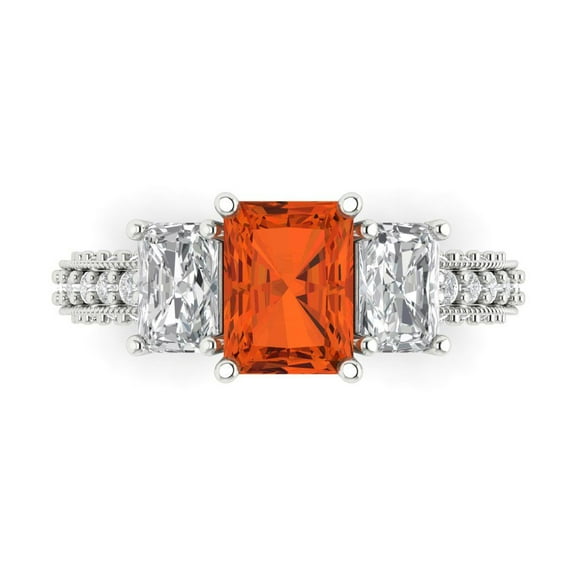 3.61 ct Emerald Cut Simulated Red Diamond Three-Stone Engagement Ring for Women in 14K White Gold