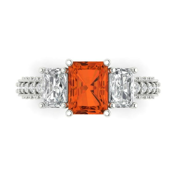 3.61 ct Emerald Cut Simulated Red Diamond Three-Stone Engagement Ring for Women in 18K White Gold