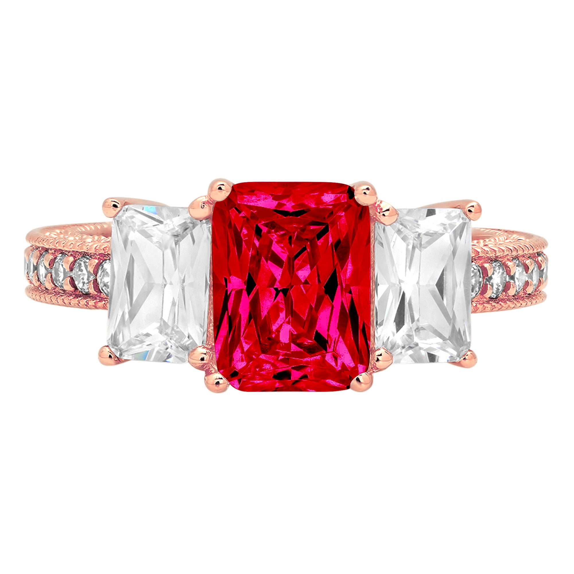 Ruby Simulant 3.61 ct Emerald Cut Simulated Ruby 3 Stone 14K Rose Gold Womens ...