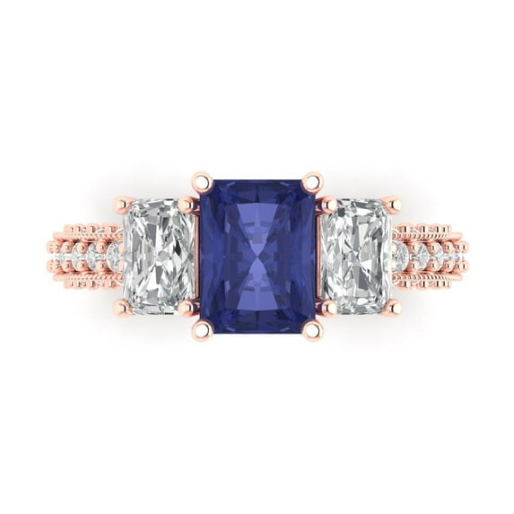 3.61 ct Emerald Cut Simulated Tanzanite 3 Stone 14K Rose Gold Womens Engagement Ring