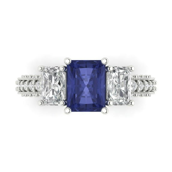 3.61 ct Emerald Cut Simulated Tanzanite Three-Stone Engagement Ring for Women in 18K White Gold