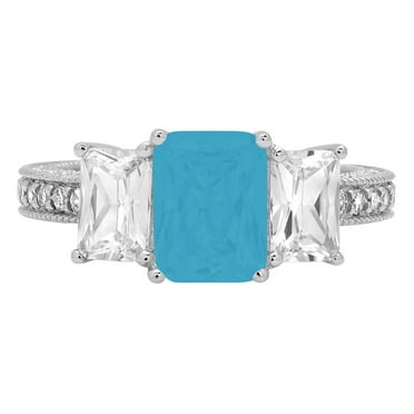 3.61 ct Emerald Cut Simulated Turquoise 3 Stone 14K White Gold Womens Engagement Ring