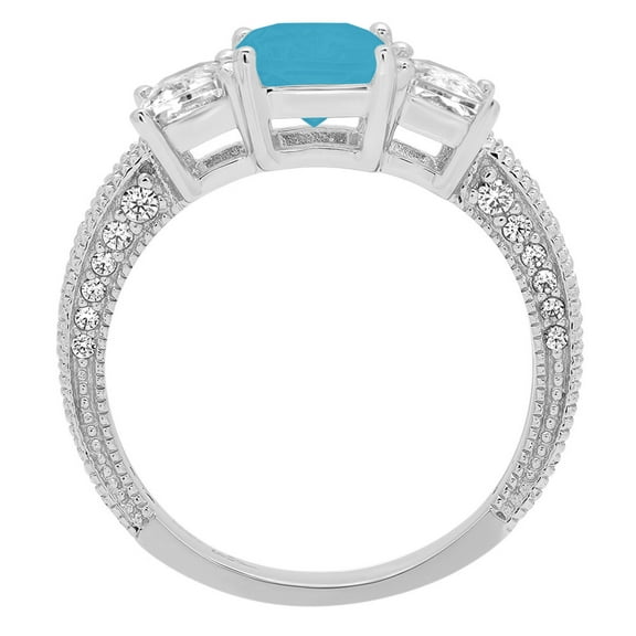 3.61 ct Emerald Cut Simulated Turquoise Three-Stone Engagement Ring for Women in 14K White Gold