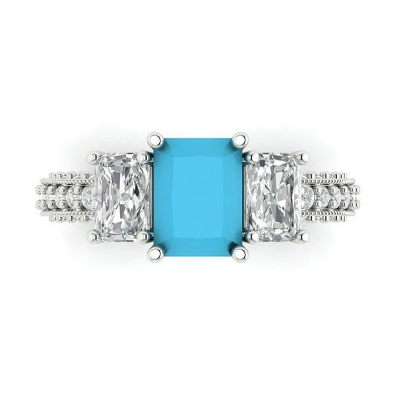3.61 ct Emerald Cut Simulated Turquoise Three-Stone Engagement Ring for Women in 14K White Gold