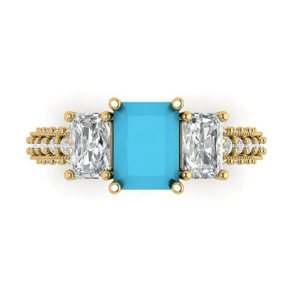 3.61 ct Emerald Cut Simulated Turquoise Three-Stone Engagement Ring for Women in 14K Yellow Gold