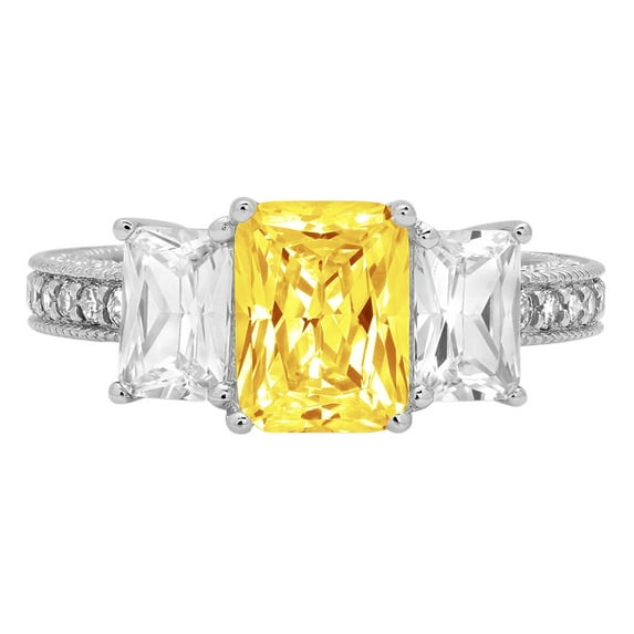 3.61 ct Emerald Cut Simulated Yellow Diamond 3 Stone 14K White Gold Womens Engagement Ring