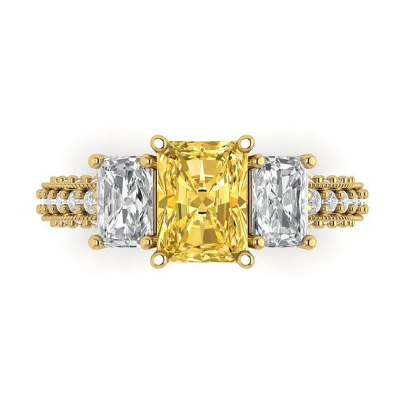 3.61 ct Emerald Cut Simulated Yellow Diamond Three-Stone Engagement Ring for Women in 18K Yellow Gold