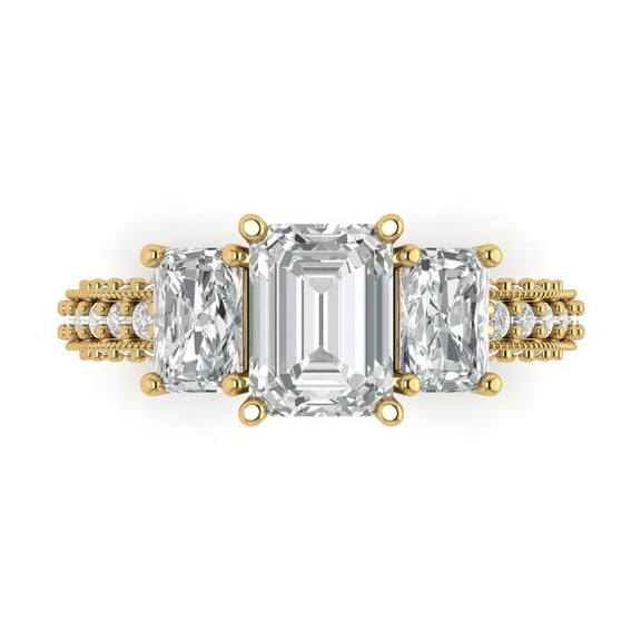 3.61 ct Emerald Cut White Sapphire 3 Stone 14K Yellow Gold Womens Engagement Ring