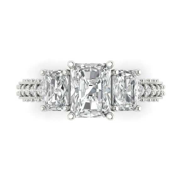 3.61 ct Emerald Cut White Sapphire Three-Stone Engagement Ring for Women in 18K White Gold