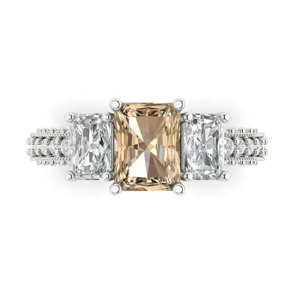 3.61 ct Emerald Cut Yellow Moissanite 3 Stone 14K White Gold Womens Engagement Ring