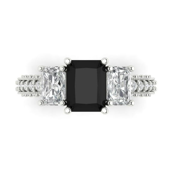 3.61 ctw 3 Stone Anniversary Ring for Women | Emerald Cut Natural Onyx | Hyperallergenic Solid 14K White Gold