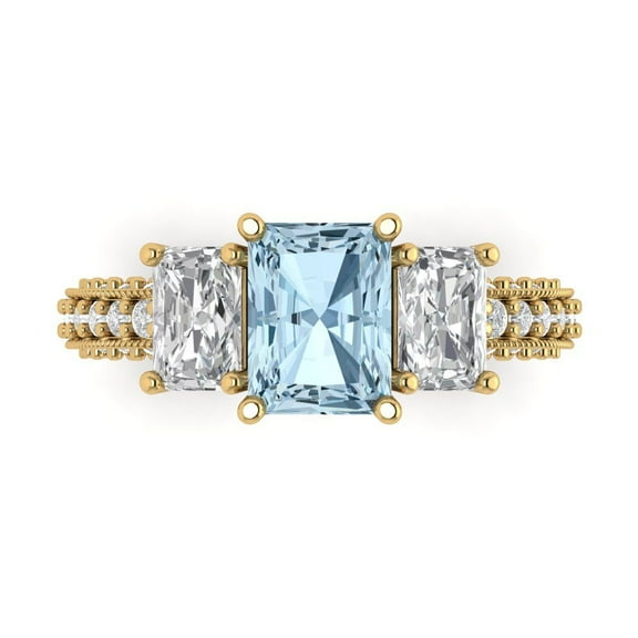 3.61 ct Emerald Cut Natural Aquamarine 3 Stone 14K Yellow Gold Womens Engagement Ring