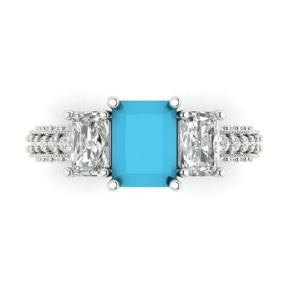 3.61 ct Emerald Cut Simulated Turquoise Three-Stone Engagement Ring for Women in 18K White Gold
