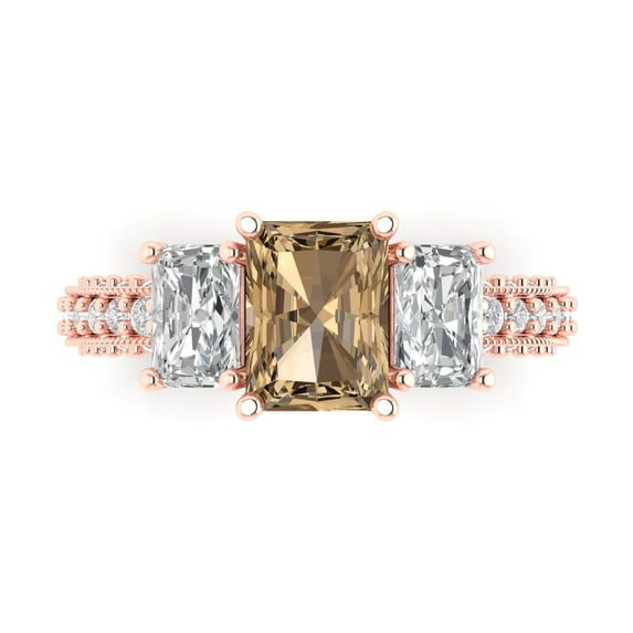 3.61 ct Emerald Cut Simulated Champagne Diamond 3 Stone 14K Rose Gold Womens Engagement Ring