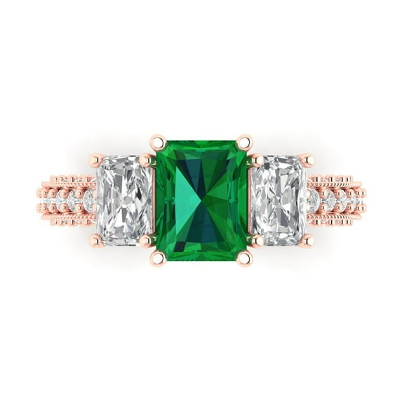 3.61 ct Emerald Cut Simulated Emerald 3 Stone 18K Rose Gold Womens Engagement Ring