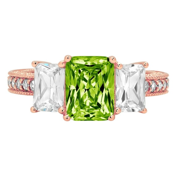 3.61 ct Emerald Cut Natural Peridot 3 Stone 14K Rose Gold Womens Engagement Ring