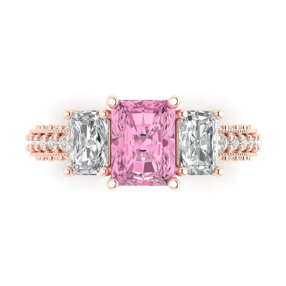 3.61 ct Emerald Cut Simulated Pink Diamond Three-Stone Engagement Ring for Women in 18K Rose Gold