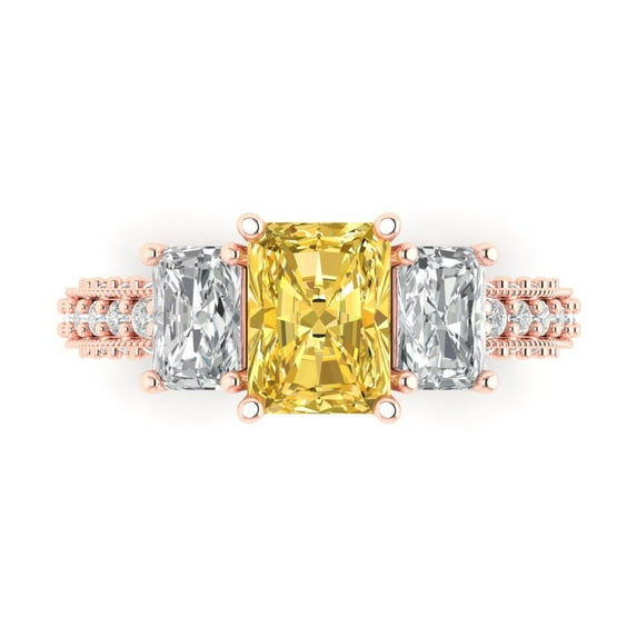 3.61 ct Emerald Cut Simulated Yellow Diamond Three-Stone Engagement Ring for Women in 18K Rose Gold