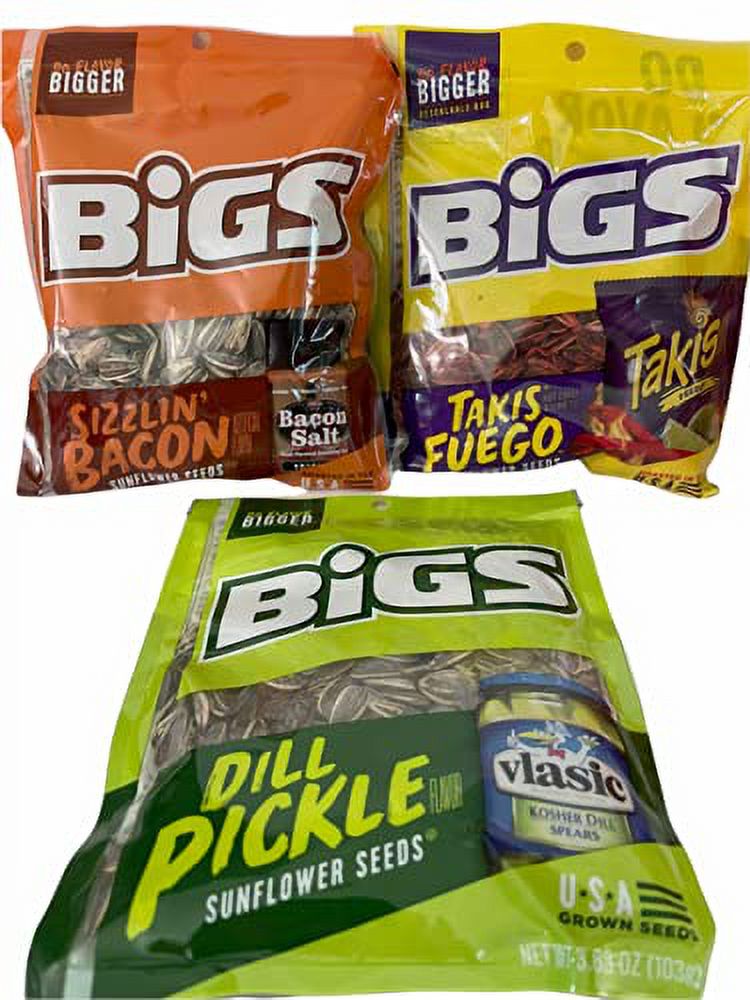 3.63 Oz Bags Of BIGS Sunflower Seeds Dill Pickle, Sizzlin Bacon, Takis