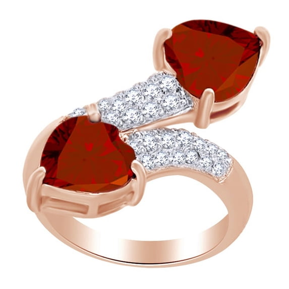 AFFY 3.67 Ct Heart Shape Simulated Red Garnet & White Topaz Bypass Ring in 14k Rose Gold Over Sterling Silver Ring Size - 11.5