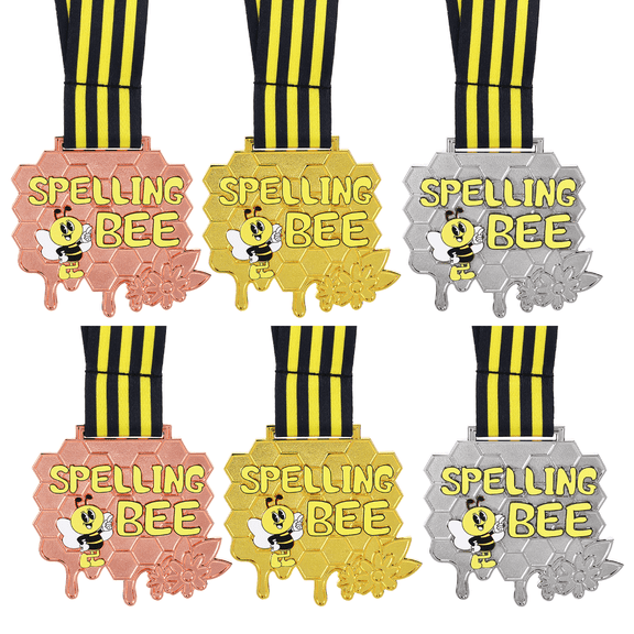 3/6PCS Bee Honeycomb Competition Medals with Neck Ribbons, 3 Colors for 1st 2nd 3rd Prizes, 2.8×2.8inch Durable Metal Awards Gift for Spelling Bees Annual Meetings & Club Activities Decorations