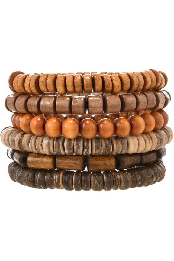 3/6Pcs Set Wood Surfer Beaded Stackable Stretch Bracelet for Women Men Puka Shell Wooden Disc Bohemian Boho Natural Wood Beads Jewelry