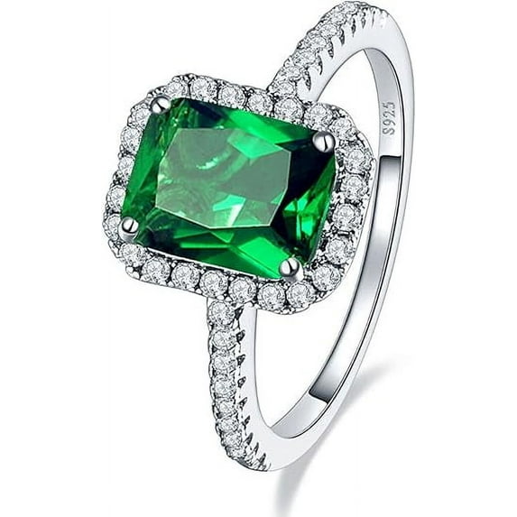 Sterling Silver Engagement Ring with Created Green Simulated Emerald, 3.6ct
