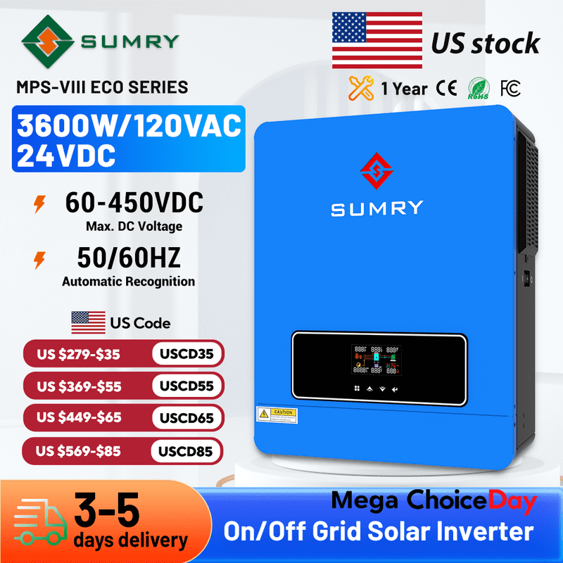 3.6kw Hybrid Solar Inverter 110/120v 24v Dual Output with MPPT 120A 60-450v 50/60hz Home Inversor Pure Sine Wave