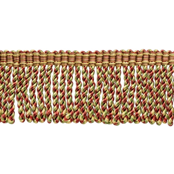 3" (7.5cm) Bullion Fringe Trim with Fancy Woven Gimp Header # BFMLT3WVN,, Chili Pepper Gold #PRA2B (Light Gold, Light Red, Olive Green) 5 Yards (15 ft/4.5m)
