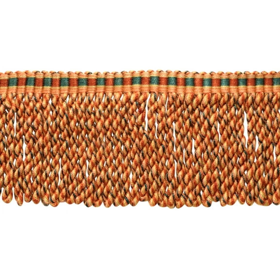 3" (7.5cm) Marrakesh Collection Bullion Fringe Trim with Fancy Woven Header # BFRW3,, Sedona Orange #VL02 (Red Orange, Light Orange, Forest Green) 18 Yards (54 ft/16.5m)