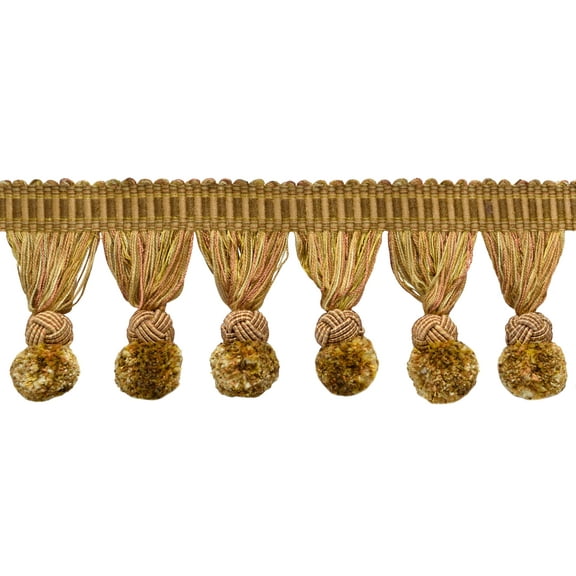 3" (7.5cm) Marrakesh Collection Pompom Tassel Fringe Trim with Fancy Woven Gimp header # PPFRW,, Gilded Gold #VL04 (Gold, Light Brown, Light Gold) 3 Yards (9 ft/2.5m)