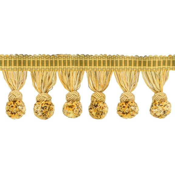 3" (7.5cm) Marrakesh Collection Pompom Tassel Fringe Trim with Fancy Woven Gimp header # PPFRW,, Golden Olive Green #VL07 (Light Gold, Olive Green) 12 Yards (36 ft/11m)