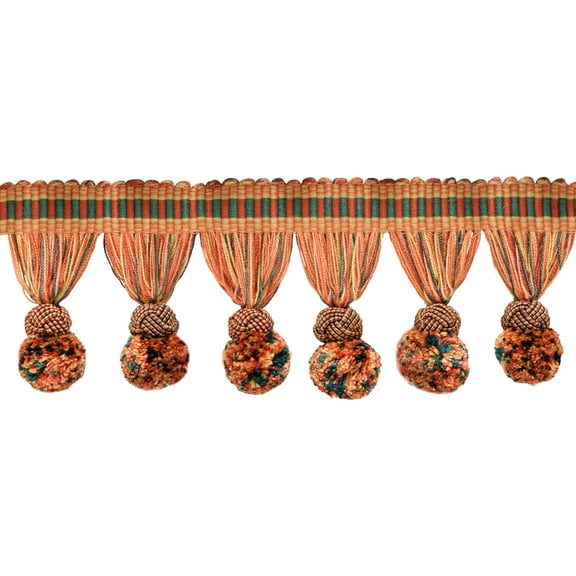 3" (7.5cm) Marrakesh Collection Pompom Tassel Fringe Trim with Fancy Woven Gimp header # PPFRW,, Sedona Orange #VL02 (Red Orange, Light Orange, Forest Green) 3 Yards (9 ft/2.5m)