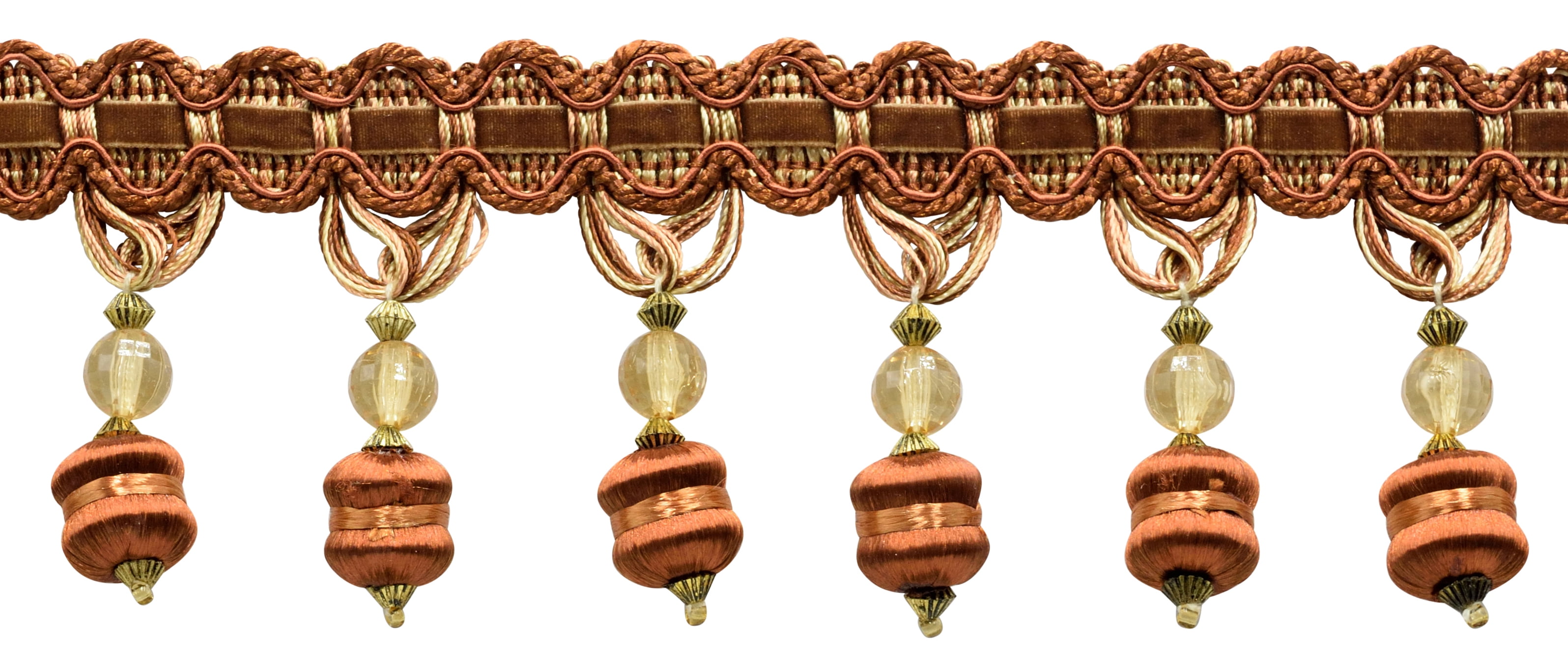 DecoPro Quasten-Borte 5 Meter - Kupferfarben Mit Perlen, Olivgrün